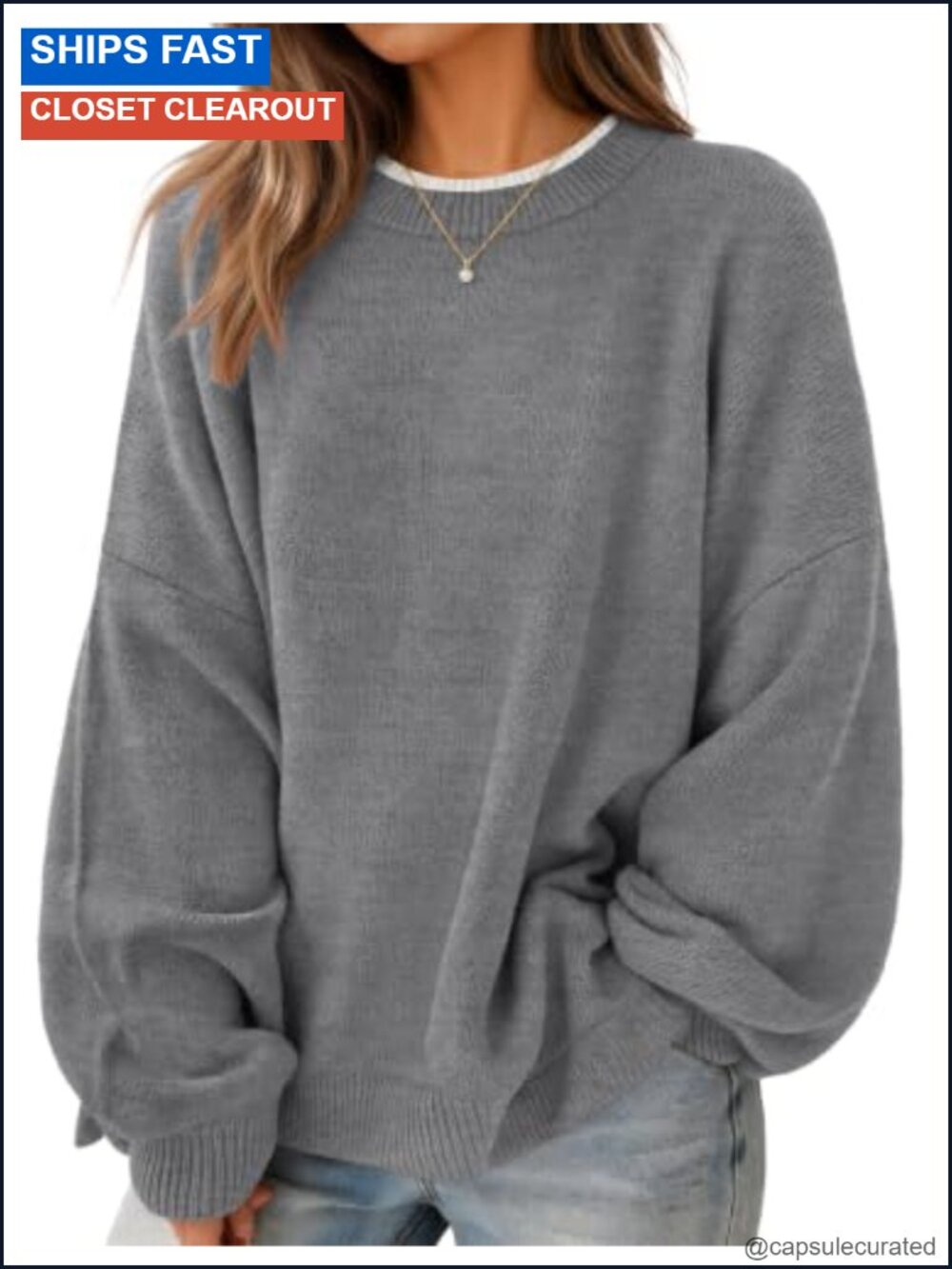 Oversized Crew Neck Pullover Sweater Batwing Sleeve Slouchy